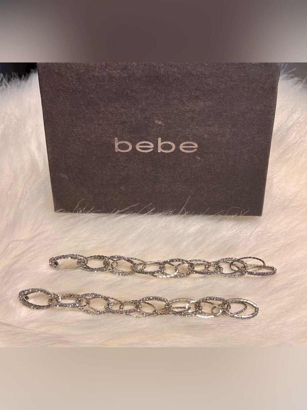 bebe Rhinestone Silver Textured Link Drop Earrings